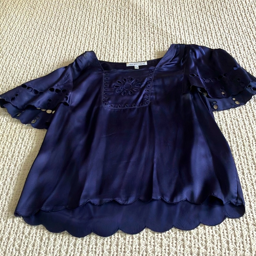 Navy blue silk See by Chloe flutter sleeve blouse, size 2